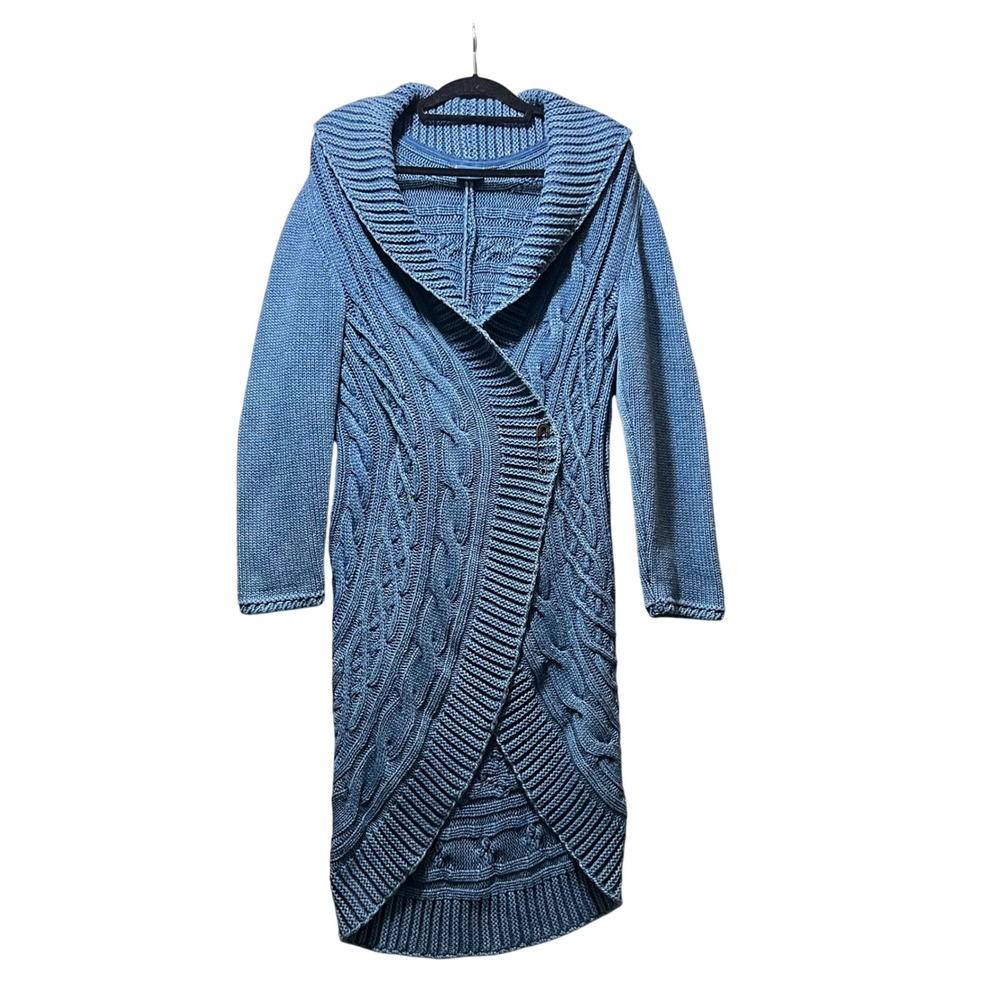 Blue Willi's Vintage Circular Knit Long Cardigan Wrap Coat L Denim‎ Blue Cotton